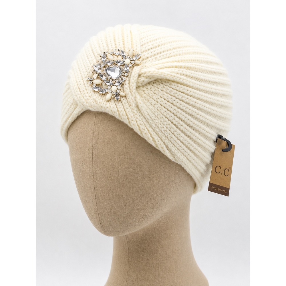 C.C Exclusives Women Cream Ribbed Knit Turban Beanie Rhinestone Brooch HAT-22